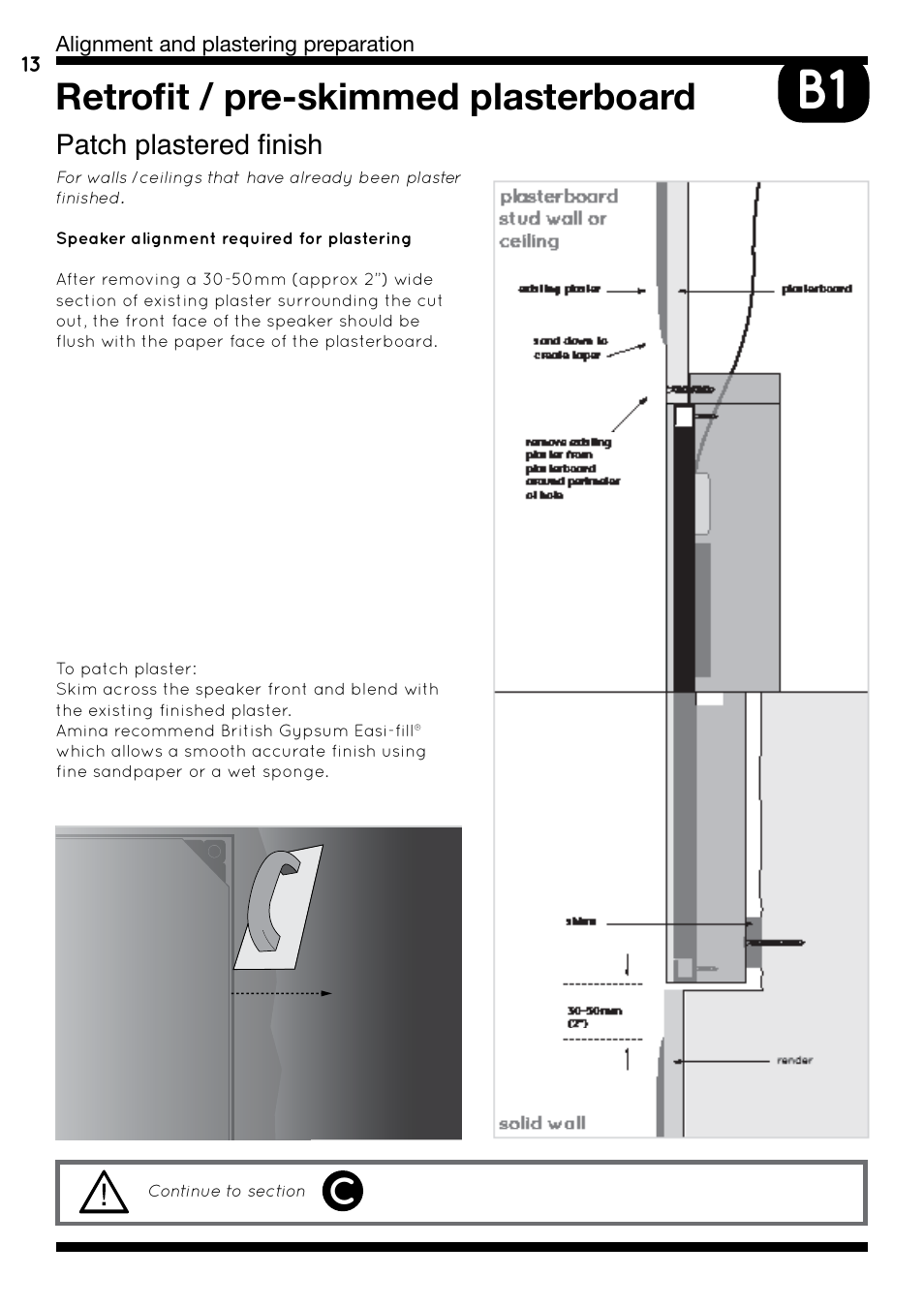 Retrofit / pre-skimmed plasterboard, Patch plastered finish, Alignment and plastering preparation | Amina iQ Developer Series User Manual | Page 16 / 32