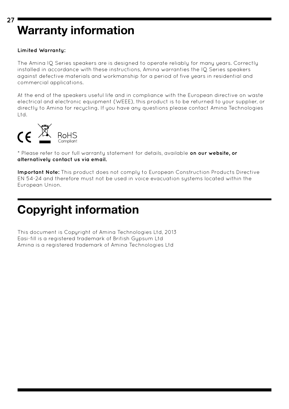 Warranty information, Copyright information | Amina iQ Developer Series User Manual | Page 30 / 32