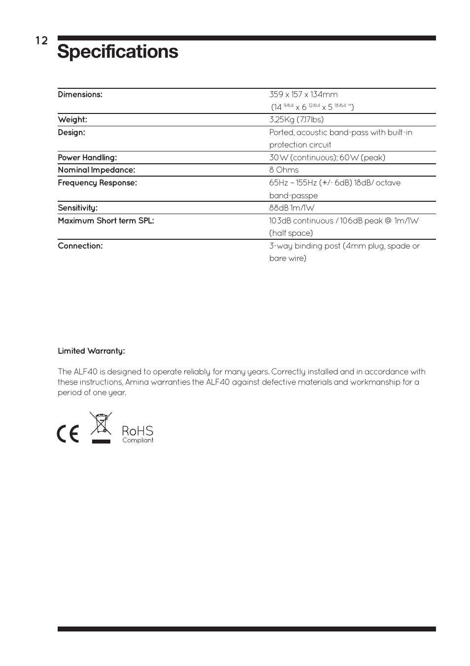 Specifications | Amina ALF40 User Manual | Page 14 / 16