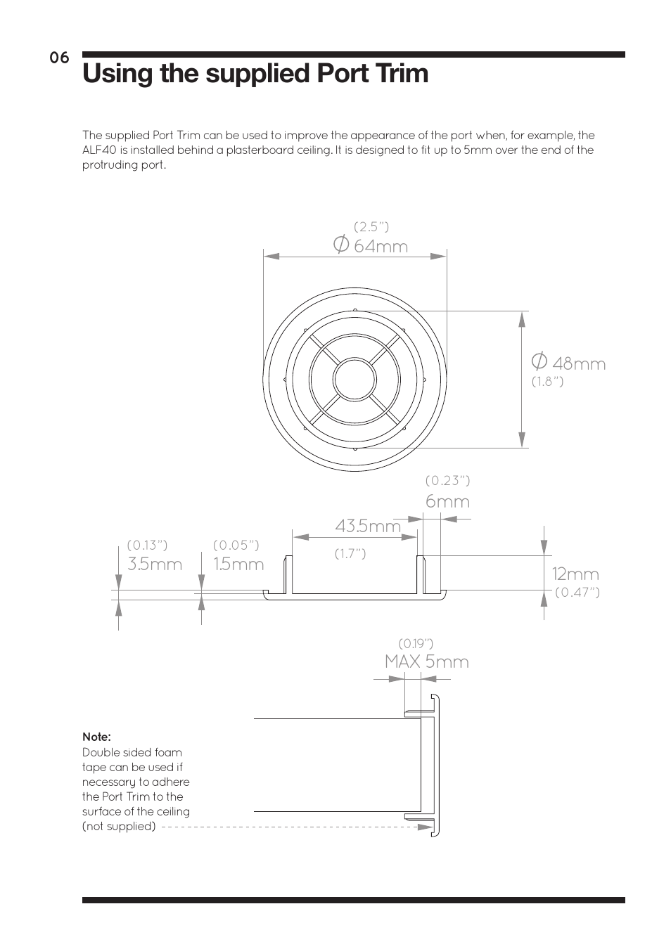 Using the supplied port trim, Max 5mm | Amina ALF40 User Manual | Page 8 / 16