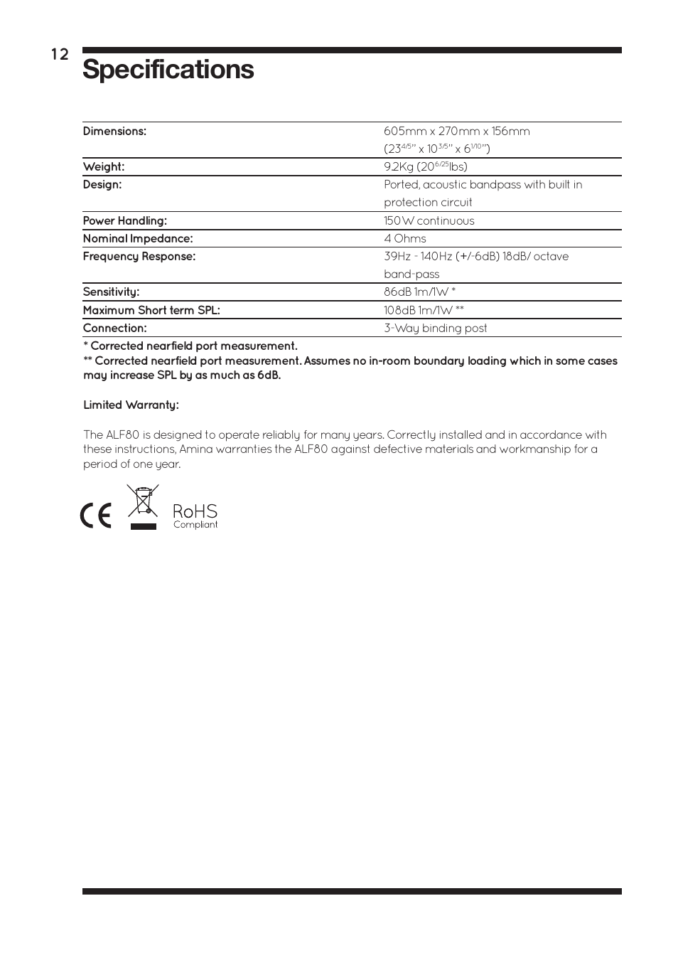 Specifications | Amina ALF80 User Manual | Page 14 / 16