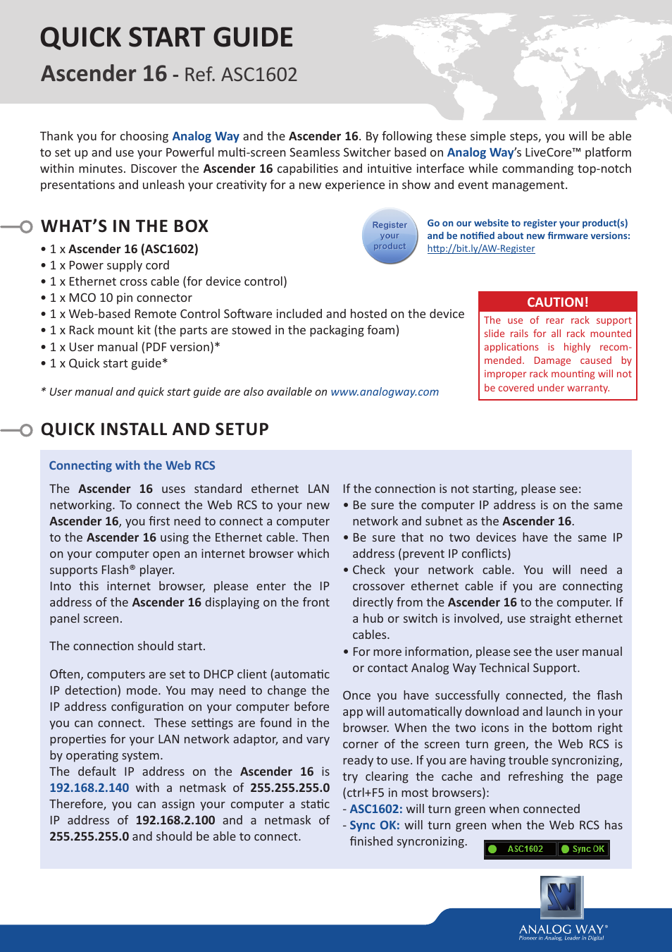 Analog Way ASCENDER 16 (LIVECORE) - Ref. ASC1602 Quick Start Guide User Manual | 4 pages