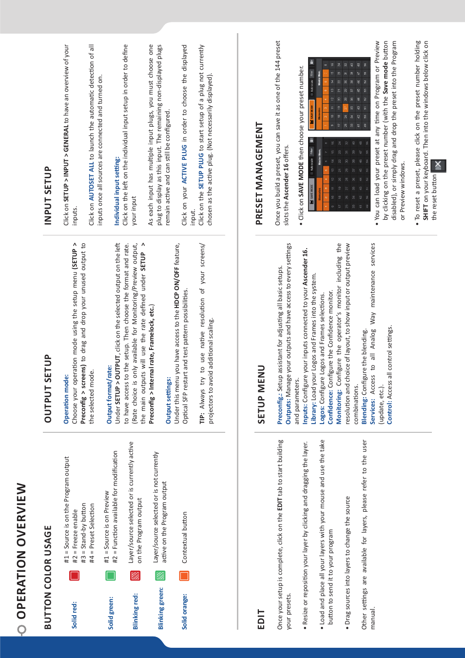 Opera tion o ver view, Edit setup menu pre set mana gement, But ton c ol or us age output setup input setup | Analog Way ASCENDER 16 (LIVECORE) - Ref. ASC1602 Quick Start Guide User Manual | Page 3 / 4