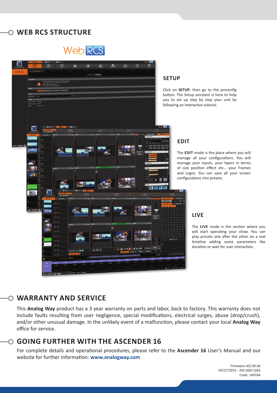 Analog Way ASCENDER 16 (LIVECORE) - Ref. ASC1602 Quick Start Guide User Manual | Page 4 / 4