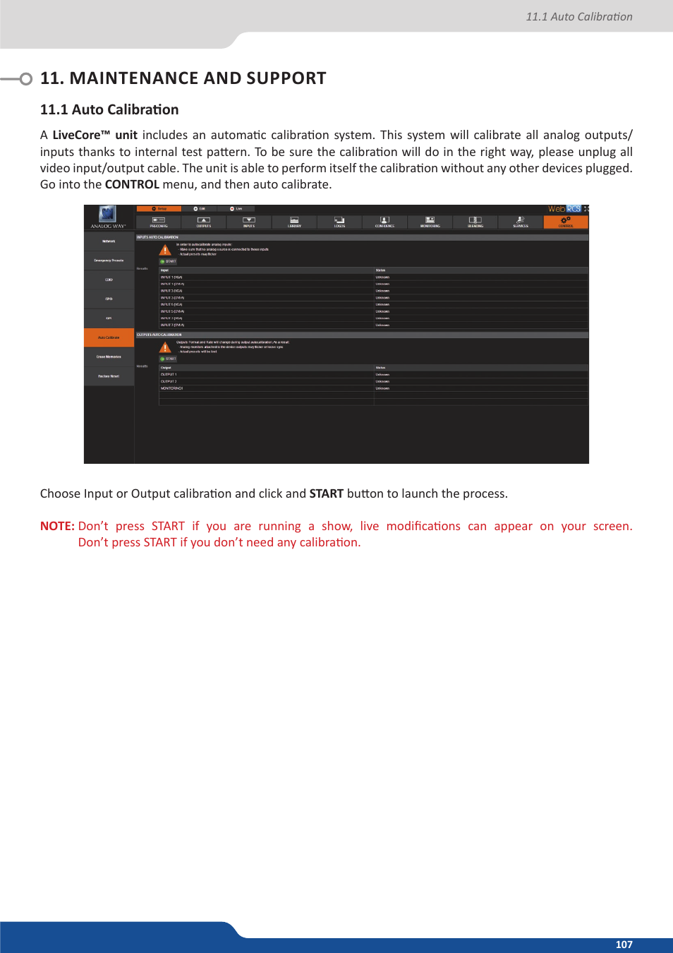 Maintenance and support, 1 auto calibration | Analog Way ASCENDER 16 (LIVECORE) - Ref. ASC1602 User Manual User Manual | Page 107 / 118