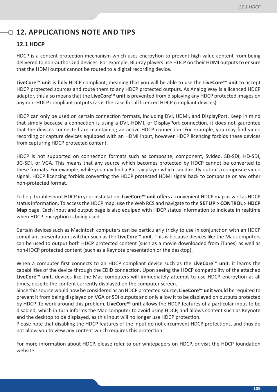 Applications note and tips, 1 hdcp | Analog Way ASCENDER 16 (LIVECORE) - Ref. ASC1602 User Manual User Manual | Page 109 / 118