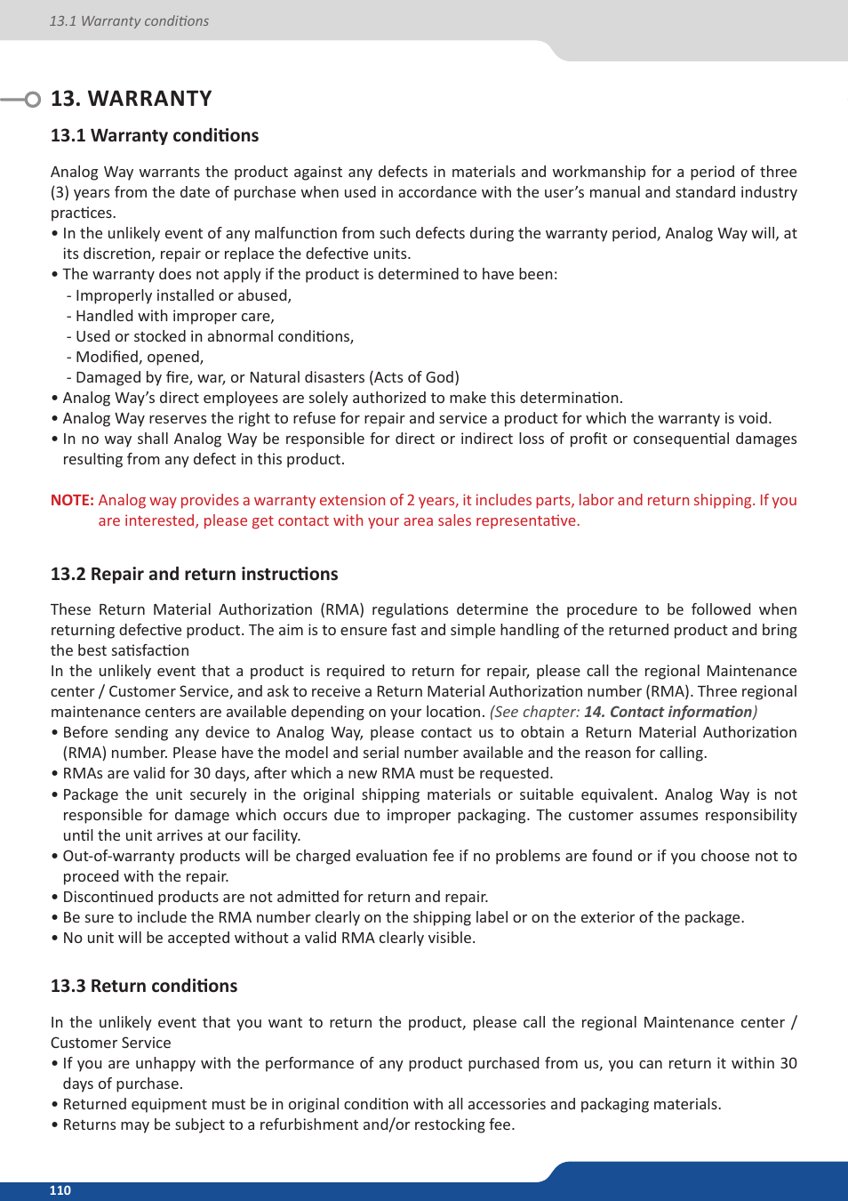 Warranty, 1 warranty conditions, 2 repair and return instructions | 3 return conditions | Analog Way ASCENDER 16 (LIVECORE) - Ref. ASC1602 User Manual User Manual | Page 110 / 118