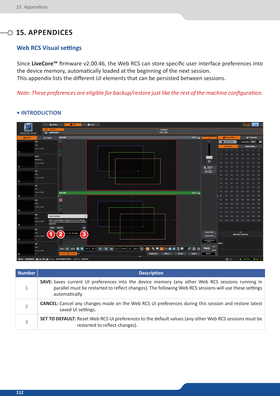 Appendices, Web rcs visual settings | Analog Way ASCENDER 16 (LIVECORE) - Ref. ASC1602 User Manual User Manual | Page 112 / 118