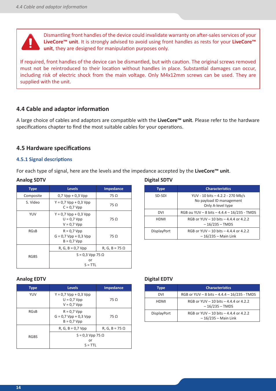 4 cable and adaptor information, 5 hardware specifications, 1 signal descriptions | Analog Way ASCENDER 16 (LIVECORE) - Ref. ASC1602 User Manual User Manual | Page 14 / 118