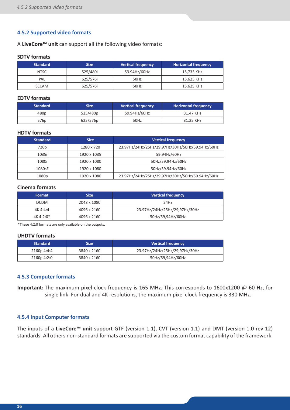 2 supported video formats, 3 computer formats, 4 input computer formats | Sdtv formats, Edtv formats uhdtv formats, Hdtv formats, Cinema formats | Analog Way ASCENDER 16 (LIVECORE) - Ref. ASC1602 User Manual User Manual | Page 16 / 118