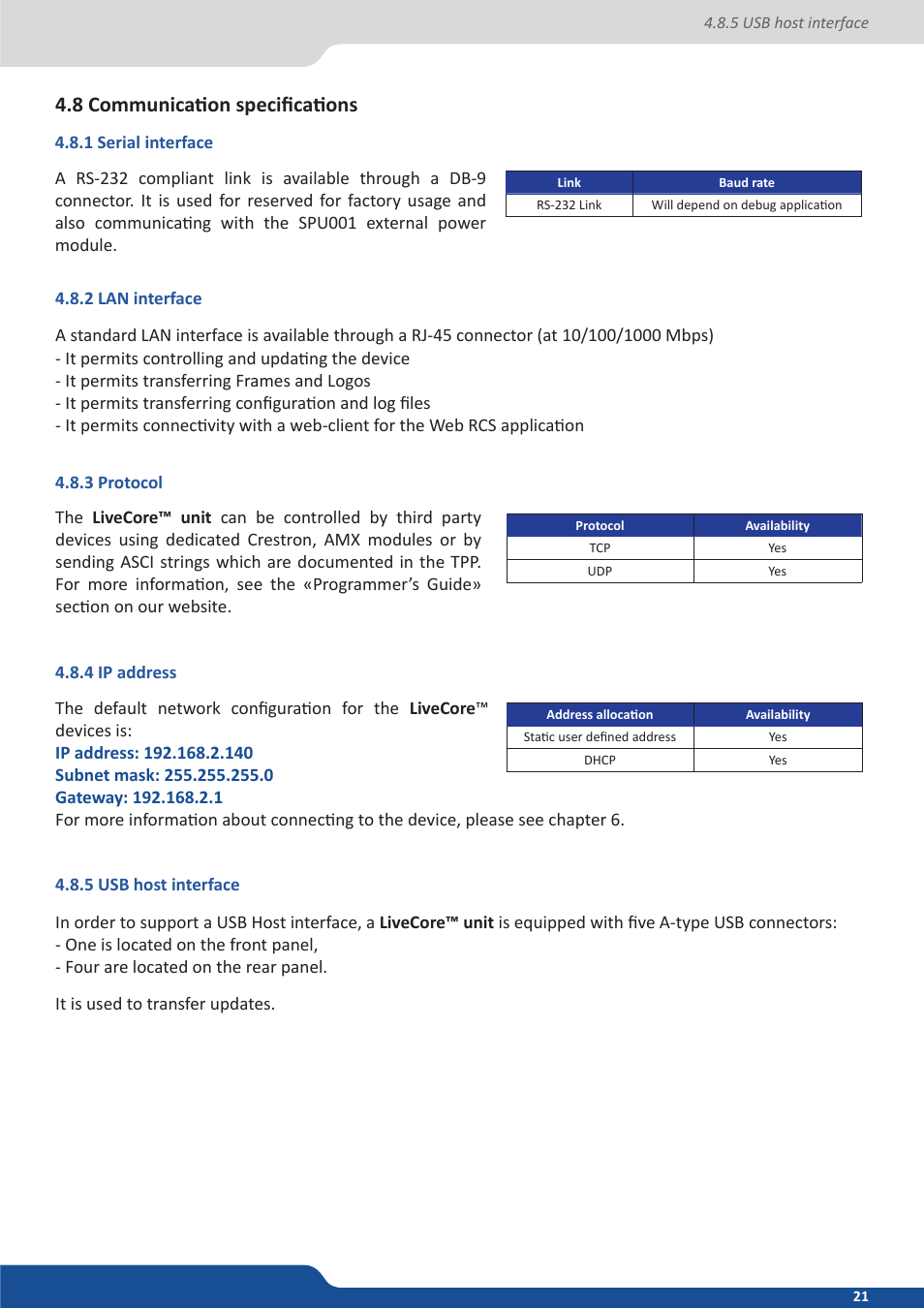 8 communication specifications, 1 serial interface, 2 lan interface | 3 protocol, 4 ip address, 5 usb host interface | Analog Way ASCENDER 16 (LIVECORE) - Ref. ASC1602 User Manual User Manual | Page 21 / 118