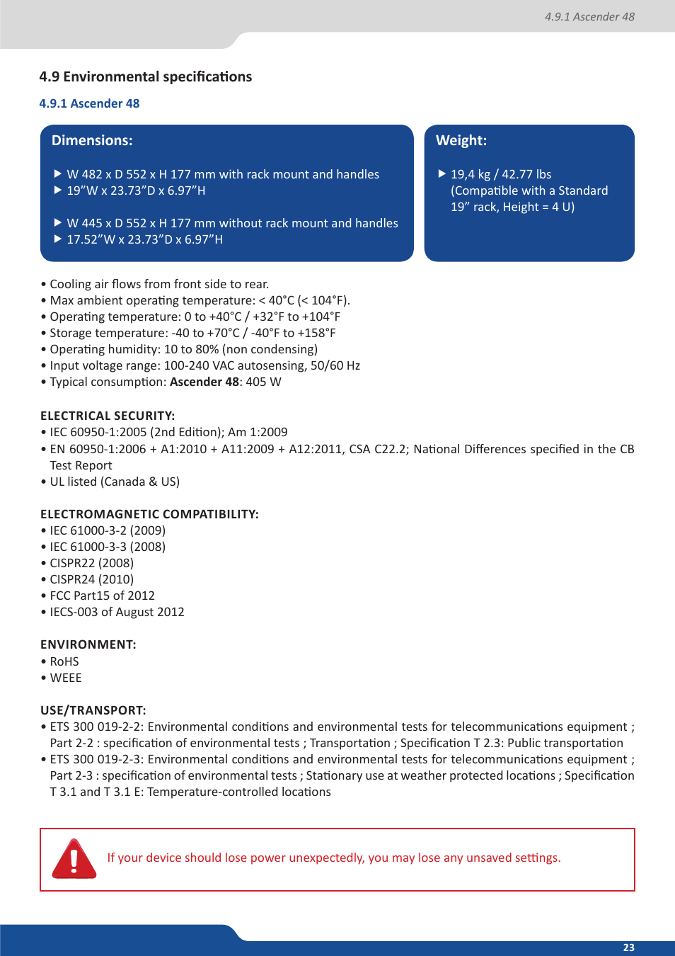 9 environmental specifications, 1 ascender 48 | Analog Way ASCENDER 16 (LIVECORE) - Ref. ASC1602 User Manual User Manual | Page 23 / 118