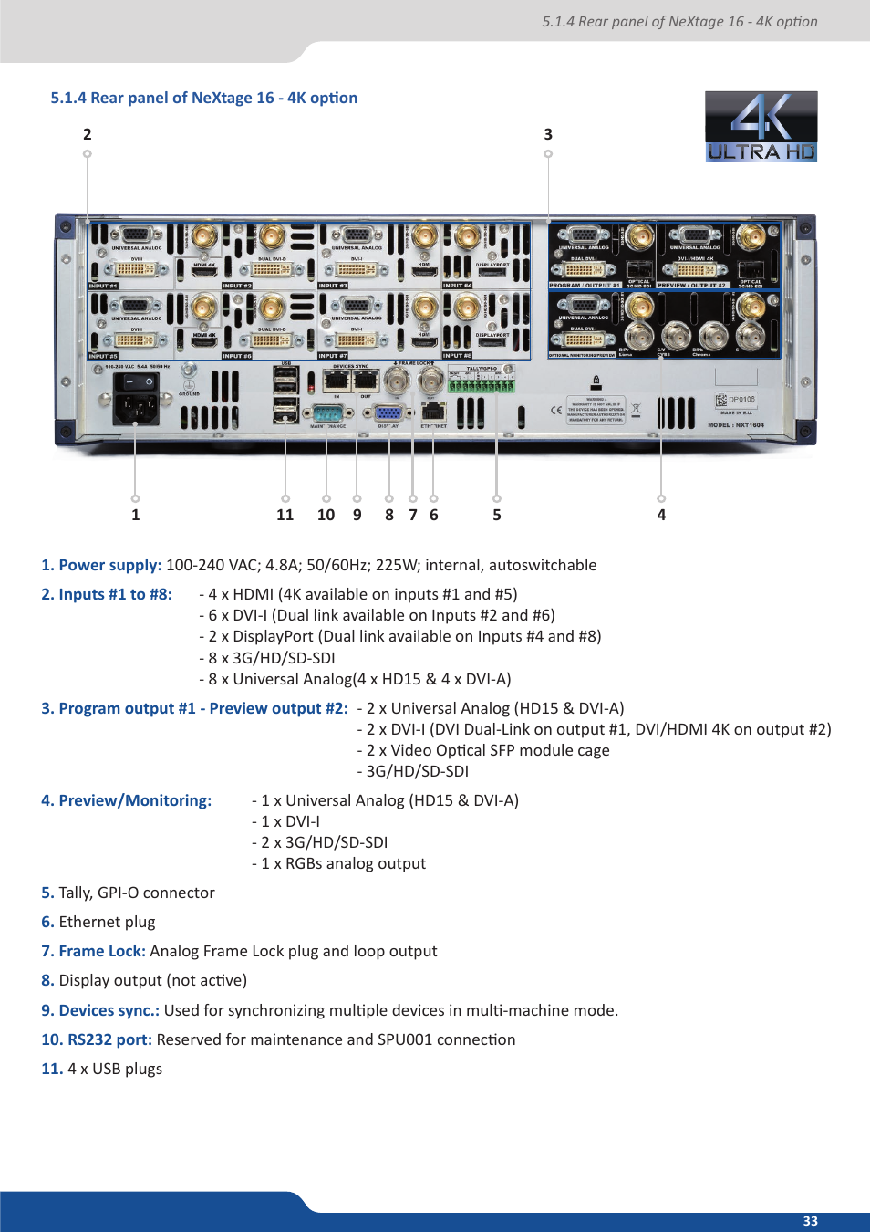 4 rear panel of nextage 16 - 4k option | Analog Way ASCENDER 16 (LIVECORE) - Ref. ASC1602 User Manual User Manual | Page 33 / 118