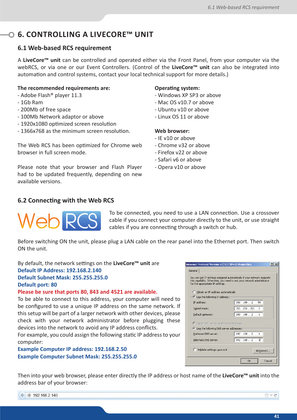 Controlling a livecore unit, 1 web-based rcs requirement, 2 connecting with the web rcs | Controlling a livecore™ unit | Analog Way ASCENDER 16 (LIVECORE) - Ref. ASC1602 User Manual User Manual | Page 41 / 118
