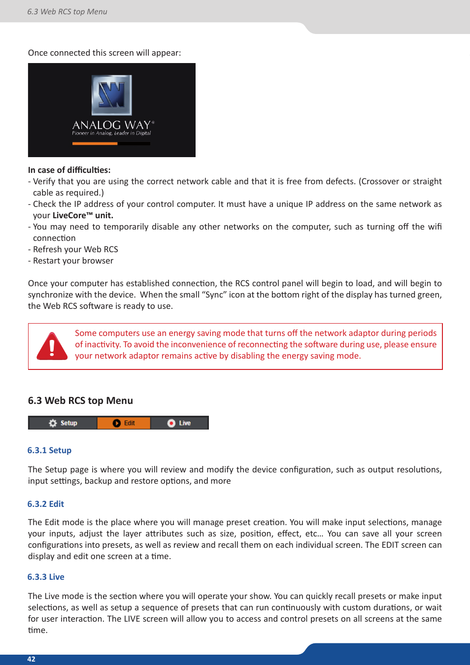 3 web rcs top menu, 1 setup, 2 edit | 3 live | Analog Way ASCENDER 16 (LIVECORE) - Ref. ASC1602 User Manual User Manual | Page 42 / 118