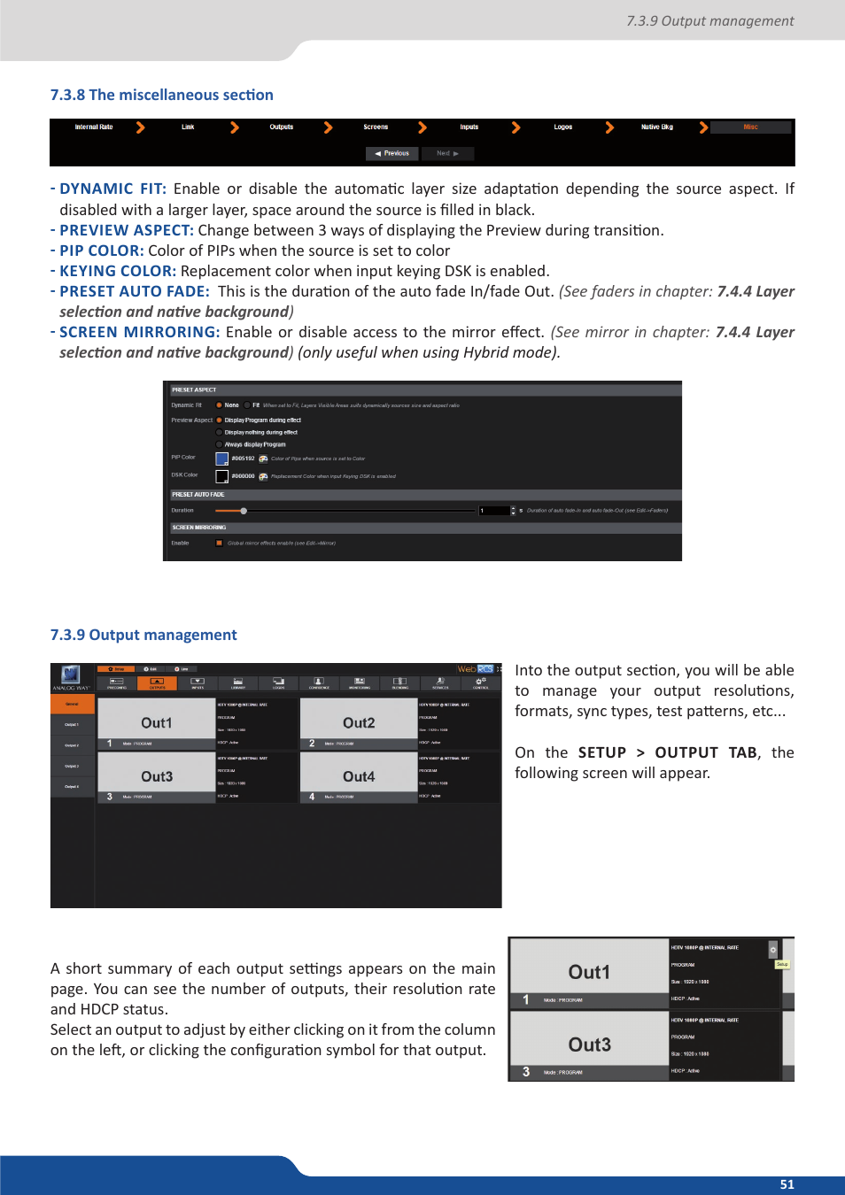 8 the miscellaneous section, 9 output management | Analog Way ASCENDER 16 (LIVECORE) - Ref. ASC1602 User Manual User Manual | Page 51 / 118