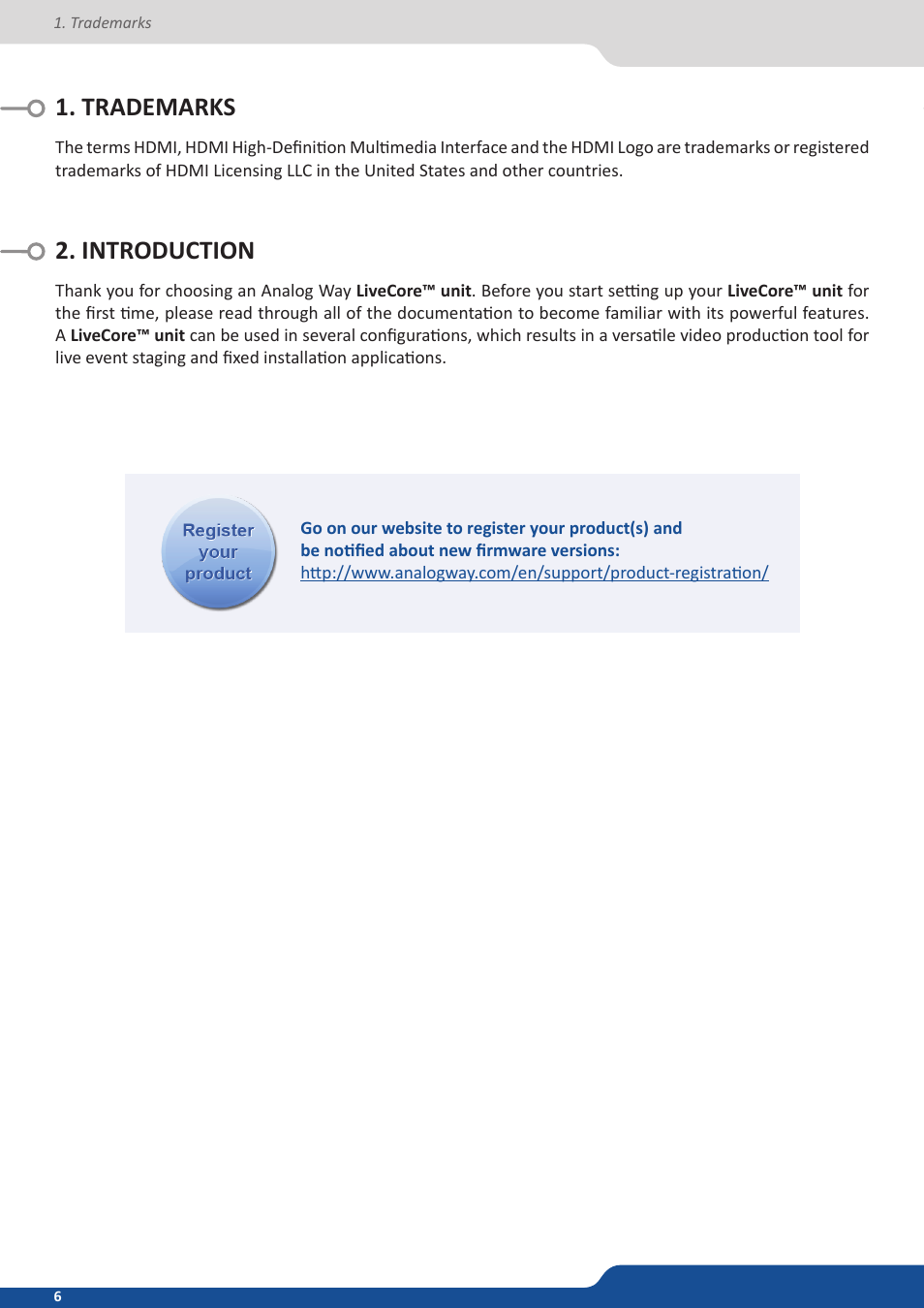 Trademarks, Introduction, Trademarks 2. introduction | Analog Way ASCENDER 16 (LIVECORE) - Ref. ASC1602 User Manual User Manual | Page 6 / 118