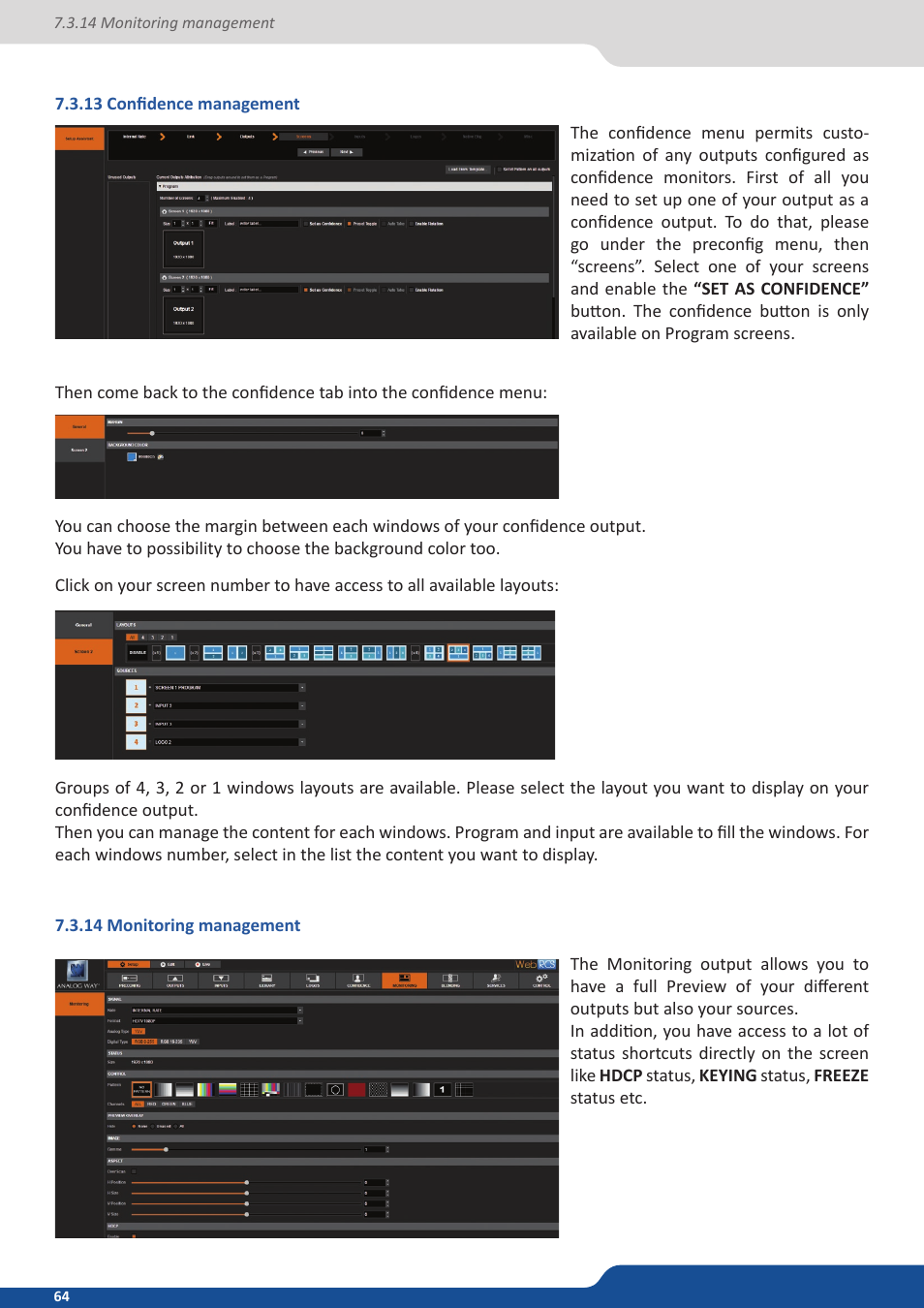 13 confidence management, 14 monitoring management | Analog Way ASCENDER 16 (LIVECORE) - Ref. ASC1602 User Manual User Manual | Page 64 / 118
