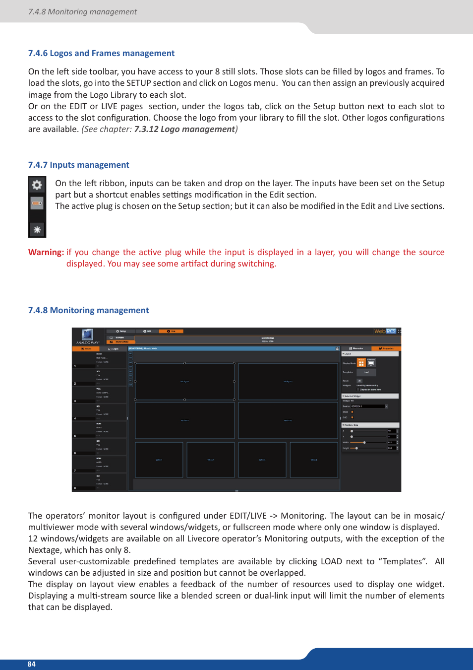 6 logos and frames management, 7 inputs management, 8 monitoring management | Analog Way ASCENDER 16 (LIVECORE) - Ref. ASC1602 User Manual User Manual | Page 84 / 118