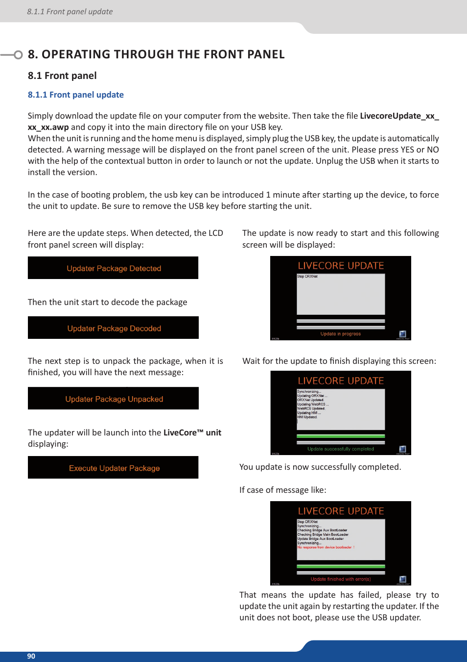 Operating through the front panel, 1 front panel, 1 front panel update | Analog Way ASCENDER 16 (LIVECORE) - Ref. ASC1602 User Manual User Manual | Page 90 / 118