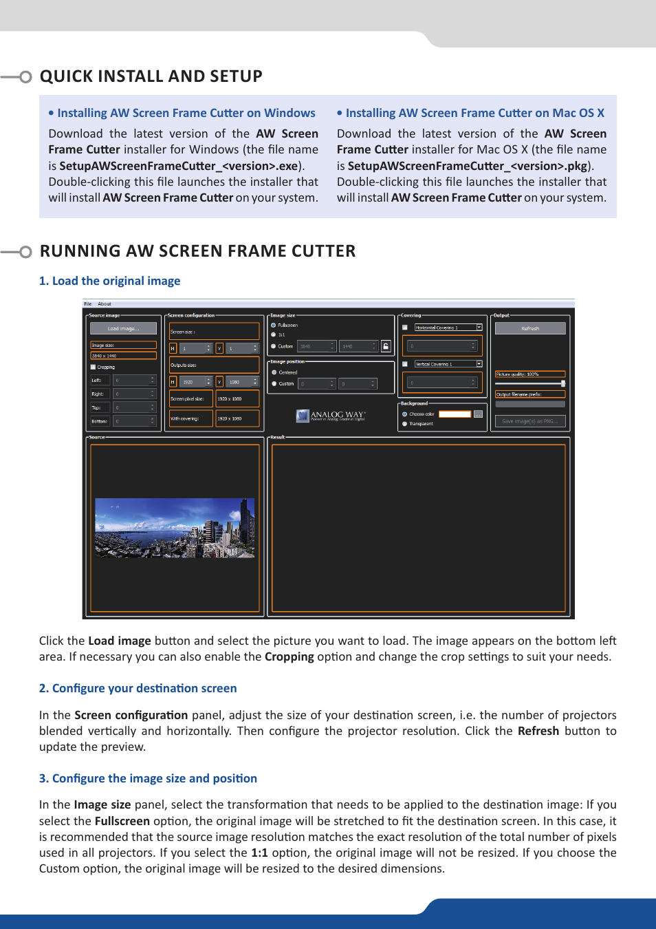 Running aw screen frame cutter, Quick install and setup | Analog Way AW SCREEN FRAME CUTTER - Ref. AWSFC User Manual | Page 2 / 4