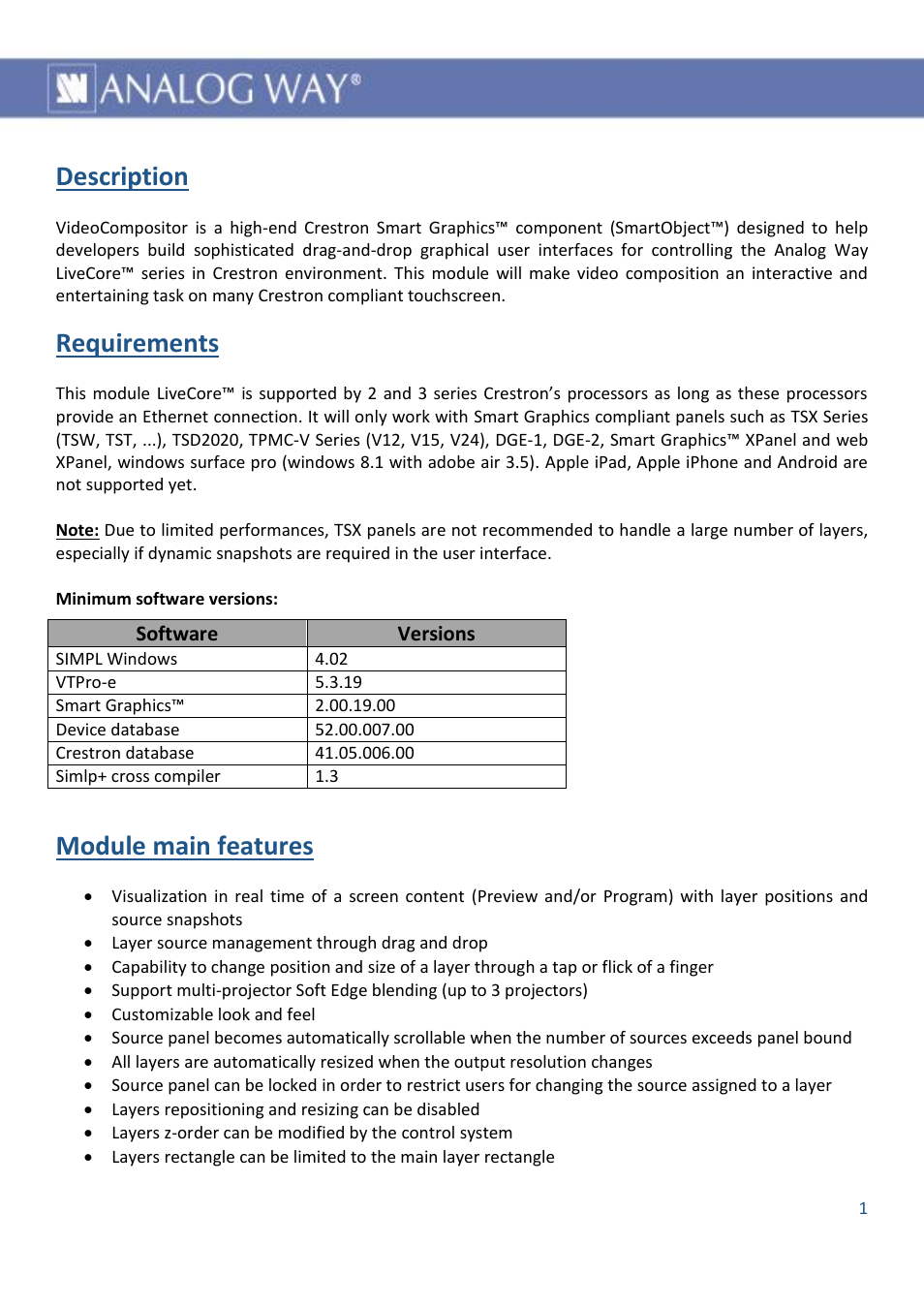 Description, Requirements, Module main features | Analog Way AW VIDEOCOMPOSITOR - LIVECORE PLATFORM - Ref. AWVDC Smart Graphics module User Manual | Page 2 / 10