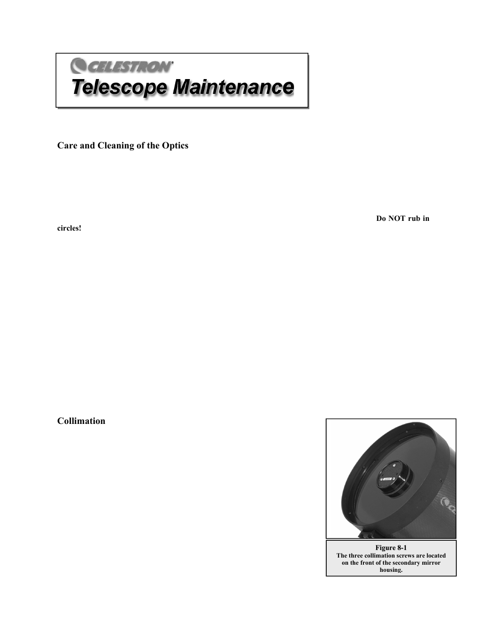 Care and cleaning of the optics, Collimation | Celestron CGEM 1100 User Manual | Page 50 / 71