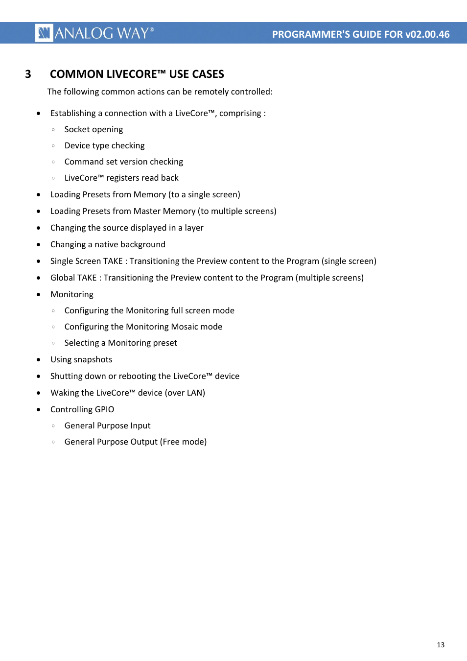 Common livecore™ use cases, 3 common livecore™ use cases | Analog Way LIVECORE PLATFORM TPP Current Programmer's Guide User Manual | Page 13 / 44