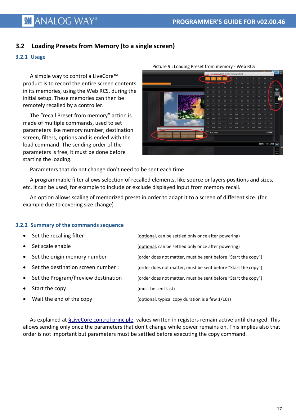 Loading presets from memory (to a single screen), Picture 9 : loading preset from memory - web rcs | Analog Way LIVECORE PLATFORM TPP Current Programmer's Guide User Manual | Page 17 / 44