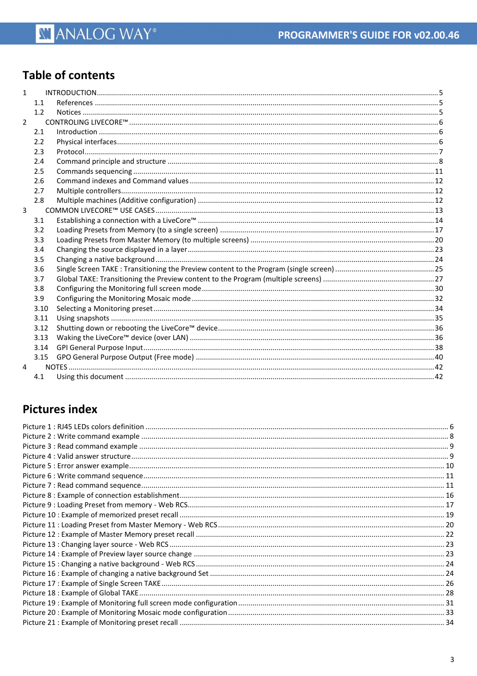 Analog Way LIVECORE PLATFORM TPP Current Programmer's Guide User Manual | Page 3 / 44