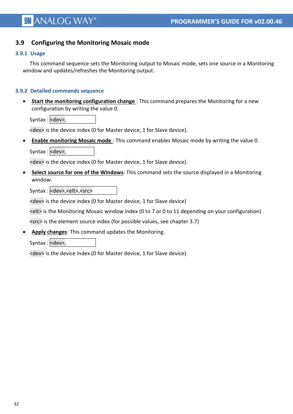 Configuring the monitoring mosaic mode, 9 configuring the monitoring mosaic mode, 0mlupd | 0mlfen, Mlces, 1mlupd | Analog Way LIVECORE PLATFORM TPP Current Programmer's Guide User Manual | Page 32 / 44