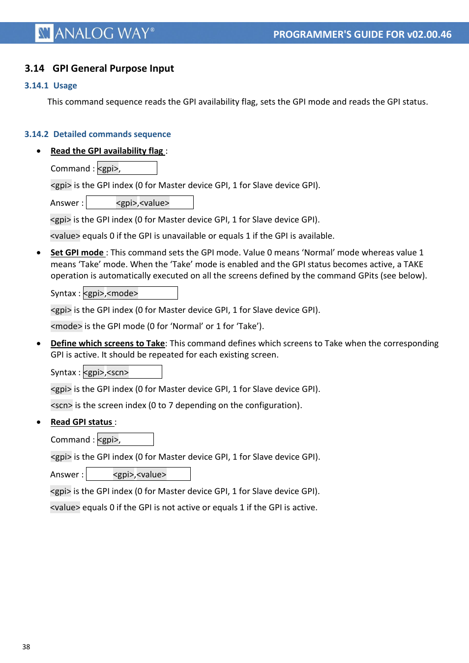Gpi general purpose input, 14 gpi general purpose input, Gpiav | Gpimo, Gpits, Gpist | Analog Way LIVECORE PLATFORM TPP Current Programmer's Guide User Manual | Page 38 / 44
