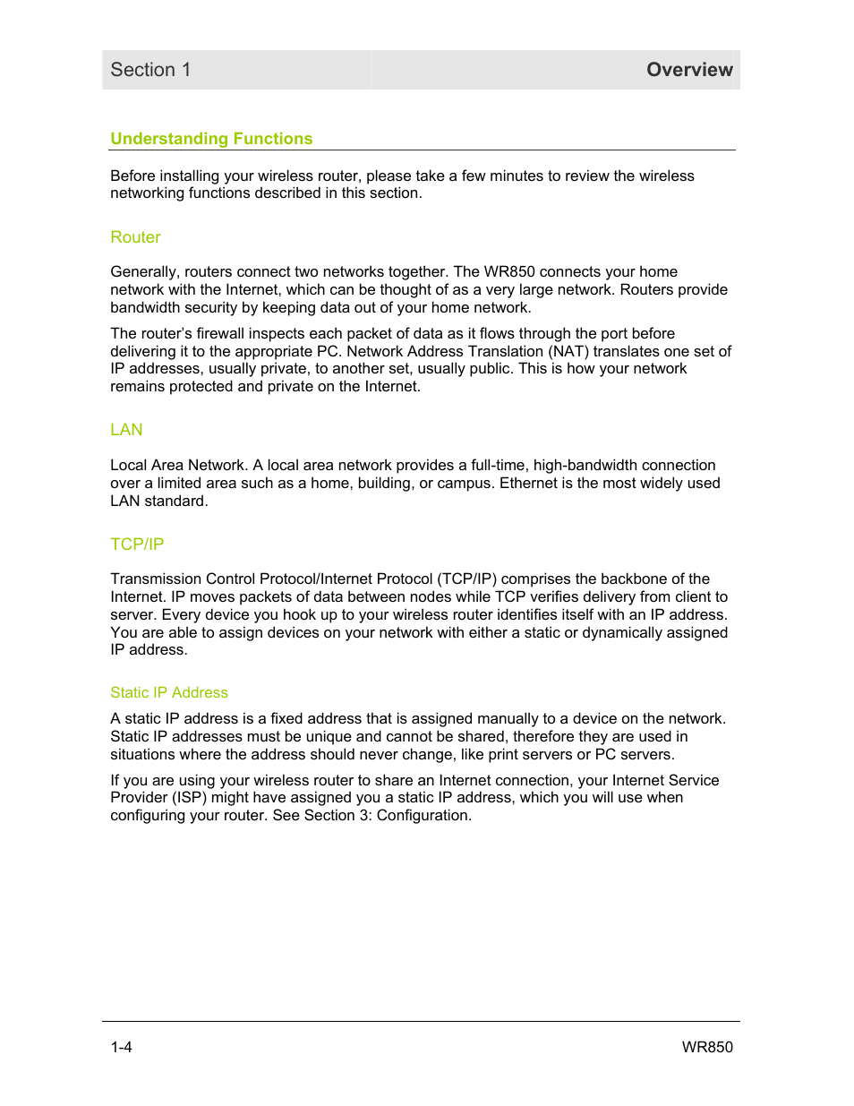 Understanding functions, Router, Tcp/ip | Static ip address | Motorola WR850GP User Manual | Page 10 / 95