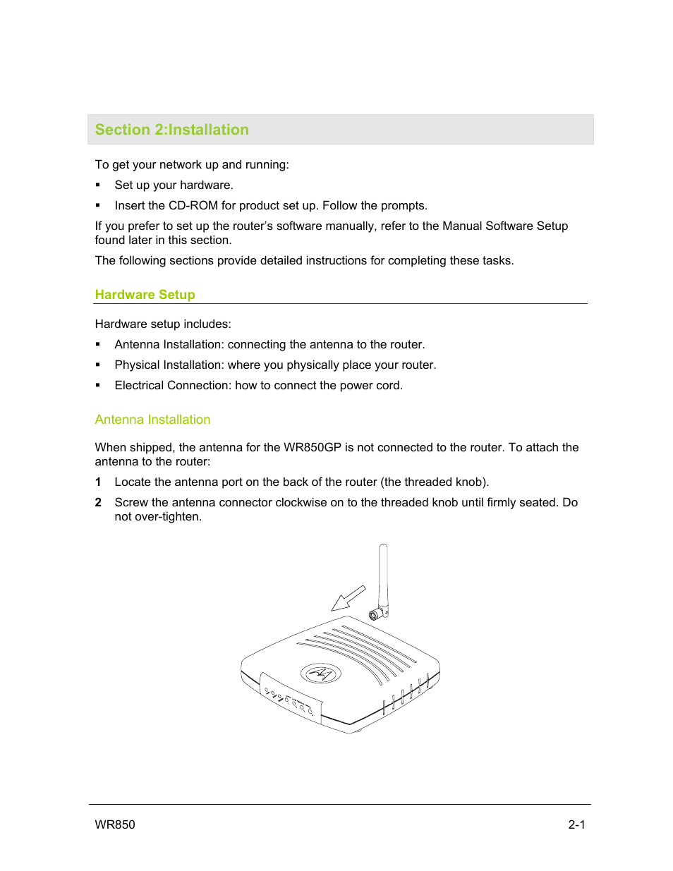 Section 2:installation, Hardware setup, Antenna installation | Motorola WR850GP User Manual | Page 17 / 95
