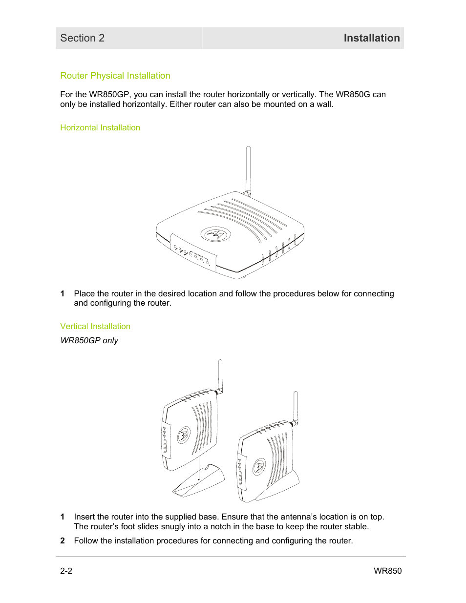 Router physical installation, Horizontal installation, Vertical installation | Motorola WR850GP User Manual | Page 18 / 95