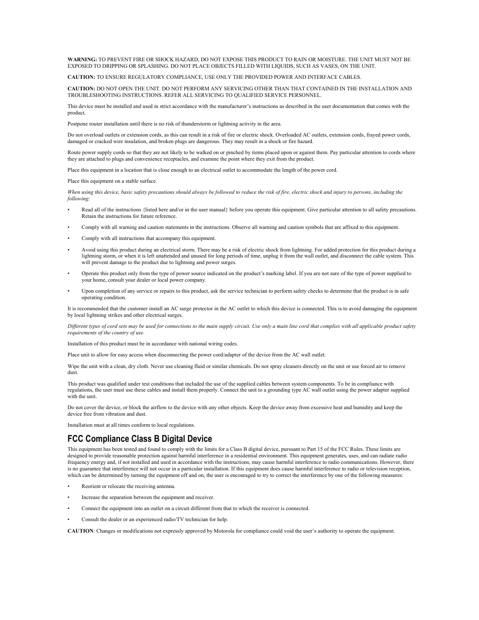 Warning/fcc compliance, Fcc compliance class b digital device | Motorola WR850GP User Manual | Page 2 / 95