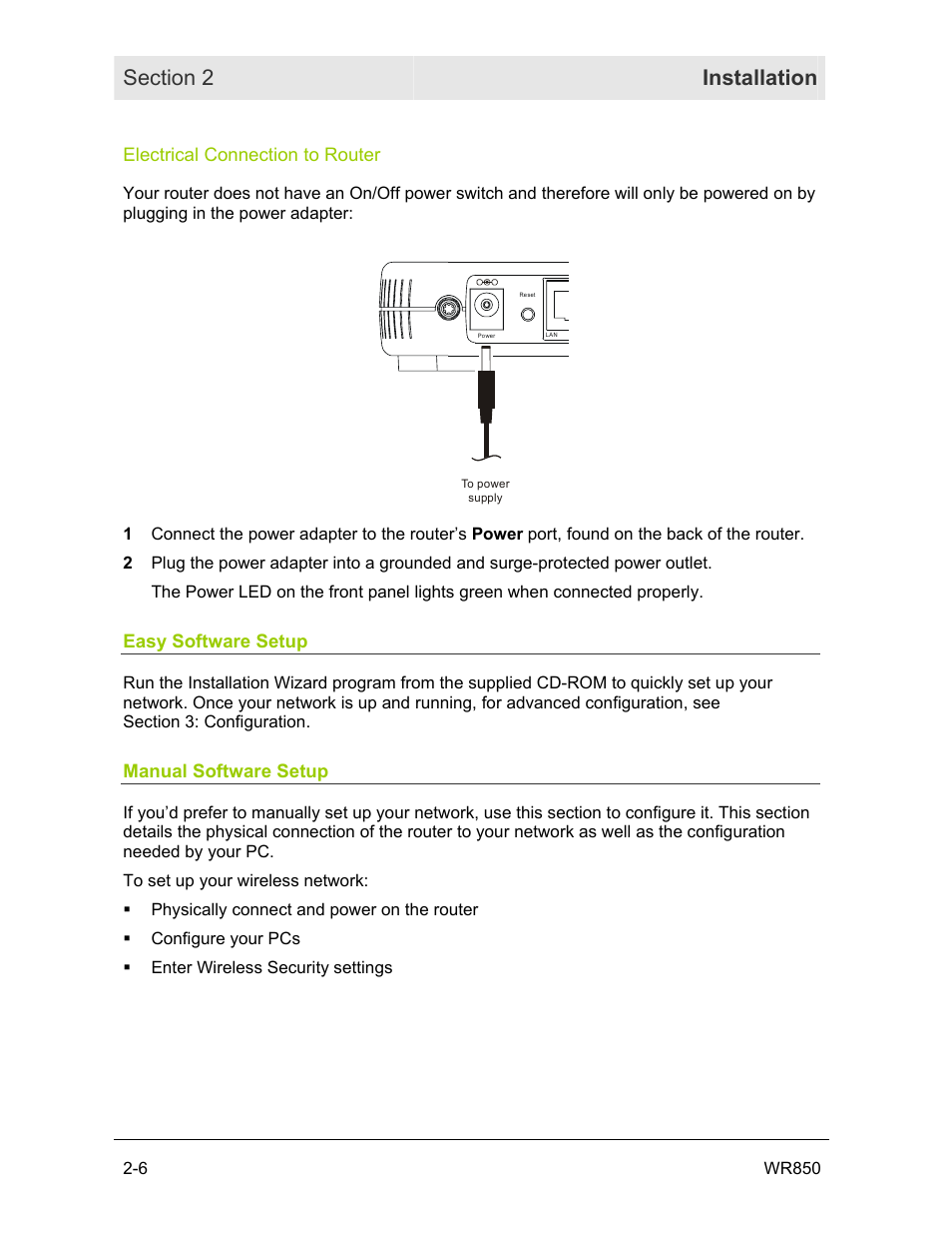 Electrical connection to router, Easy software setup, Manual software setup | Motorola WR850GP User Manual | Page 22 / 95