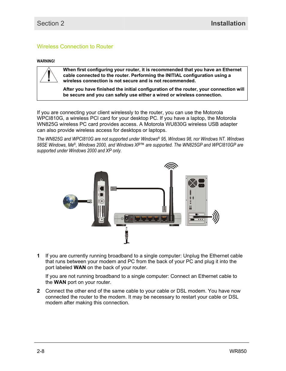 Wireless connection to router, 8 wr850, Warning | Motorola WR850GP User Manual | Page 24 / 95