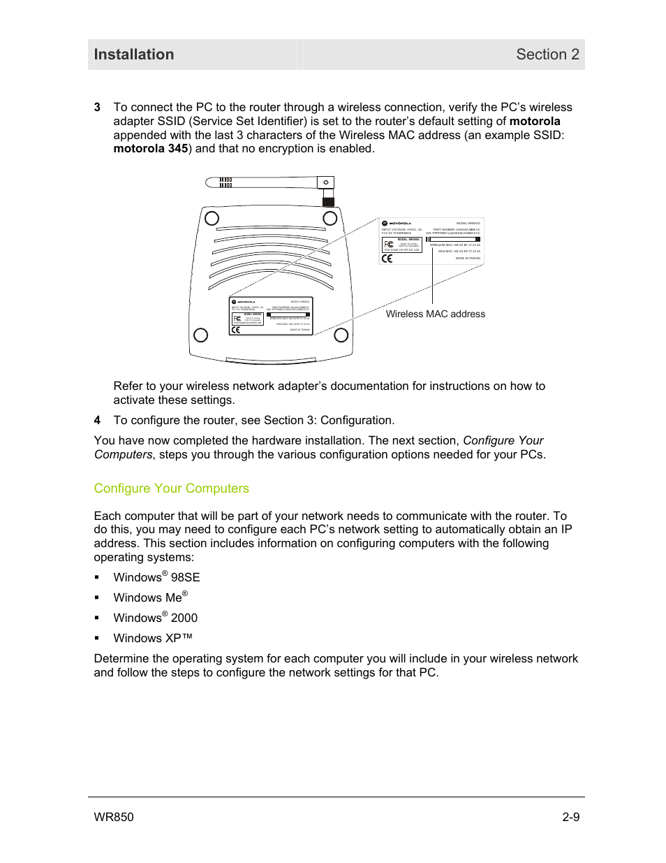 Configure your computers, 98se windows me, Windows | Motorola WR850GP User Manual | Page 25 / 95