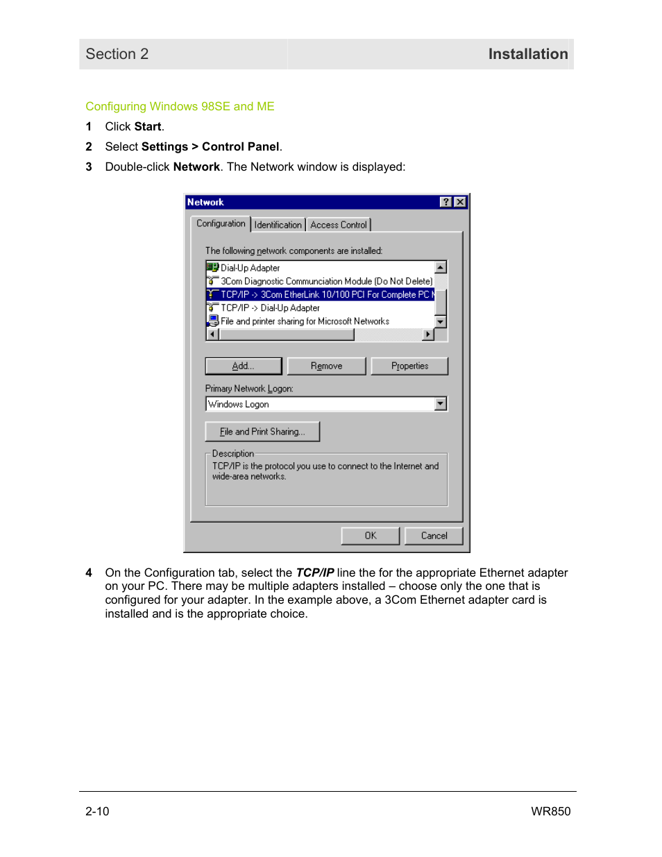 Configuring windows 98se and me | Motorola WR850GP User Manual | Page 26 / 95