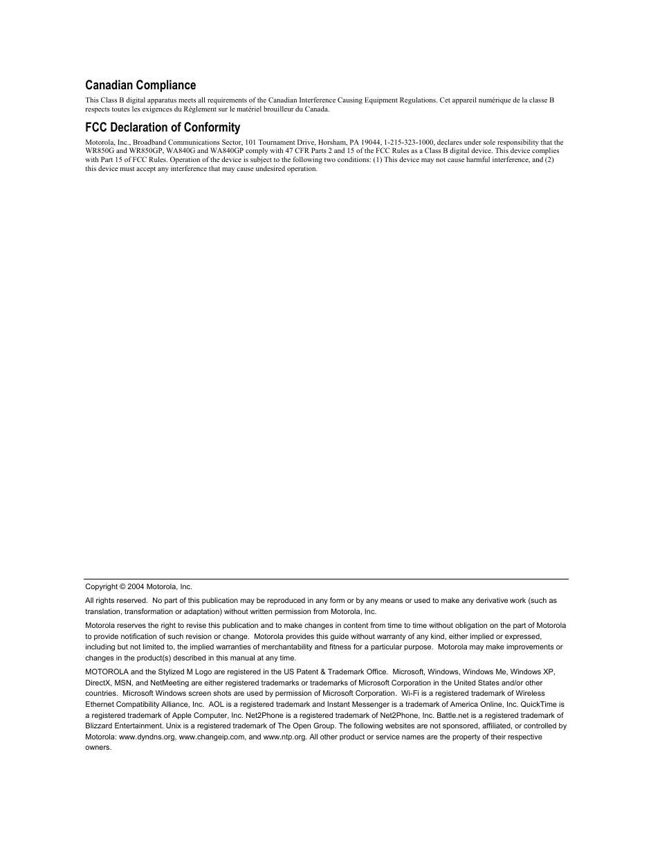 Canadian compliance, Fcc declaration of conformity | Motorola WR850GP User Manual | Page 3 / 95