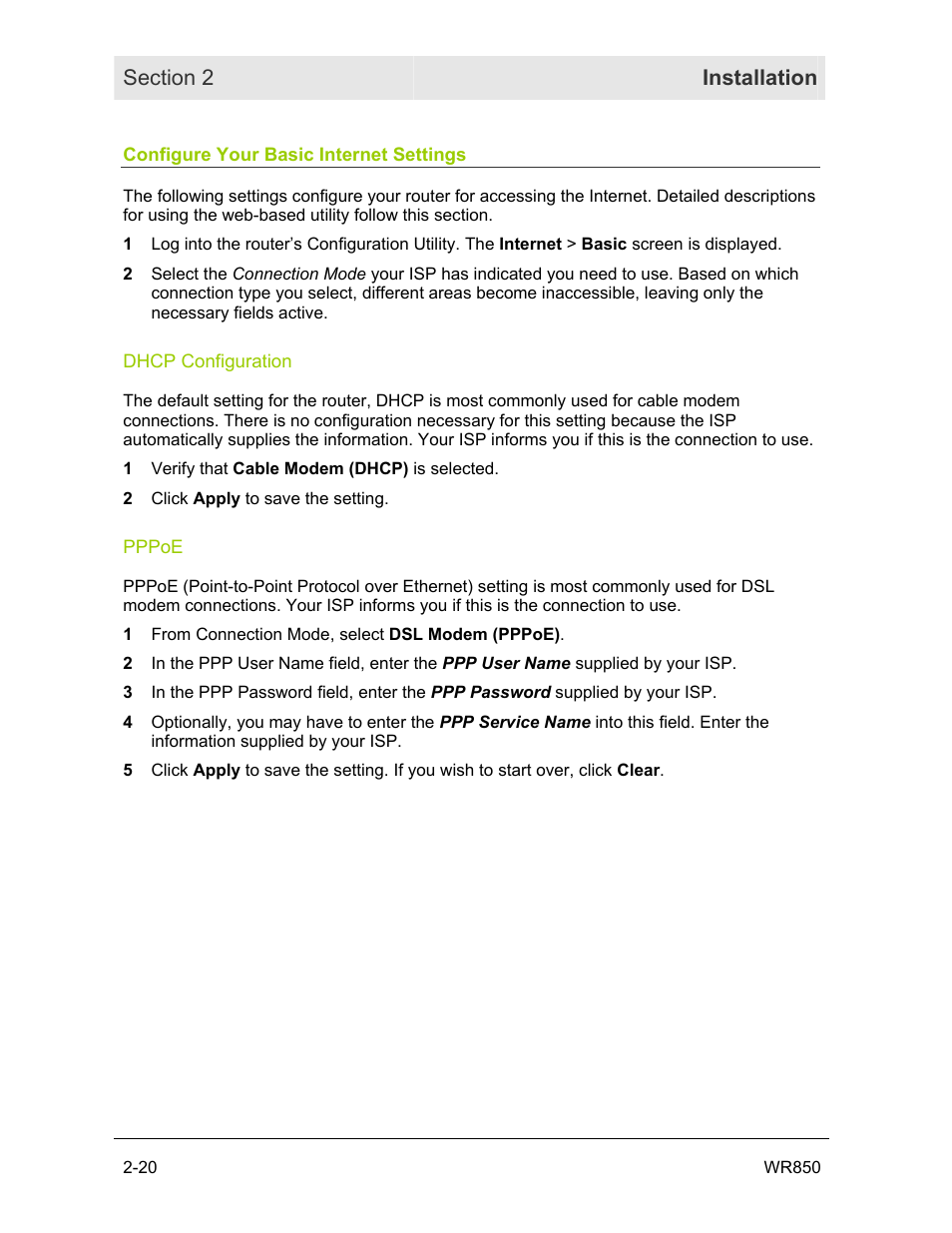 Configure your basic internet settings, Dhcp configuration, Pppoe | Motorola WR850GP User Manual | Page 36 / 95
