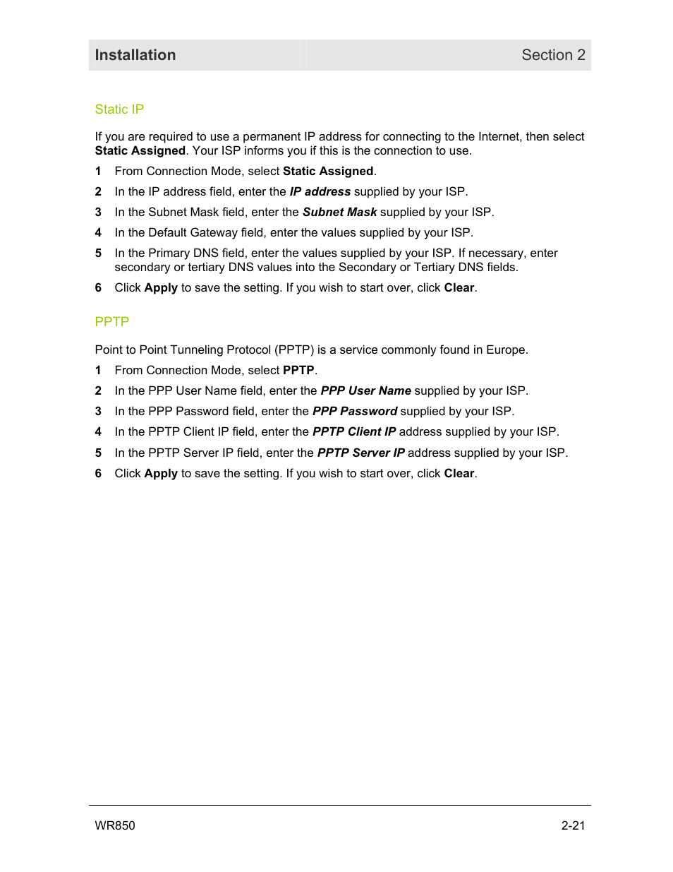 Static ip, Pptp | Motorola WR850GP User Manual | Page 37 / 95