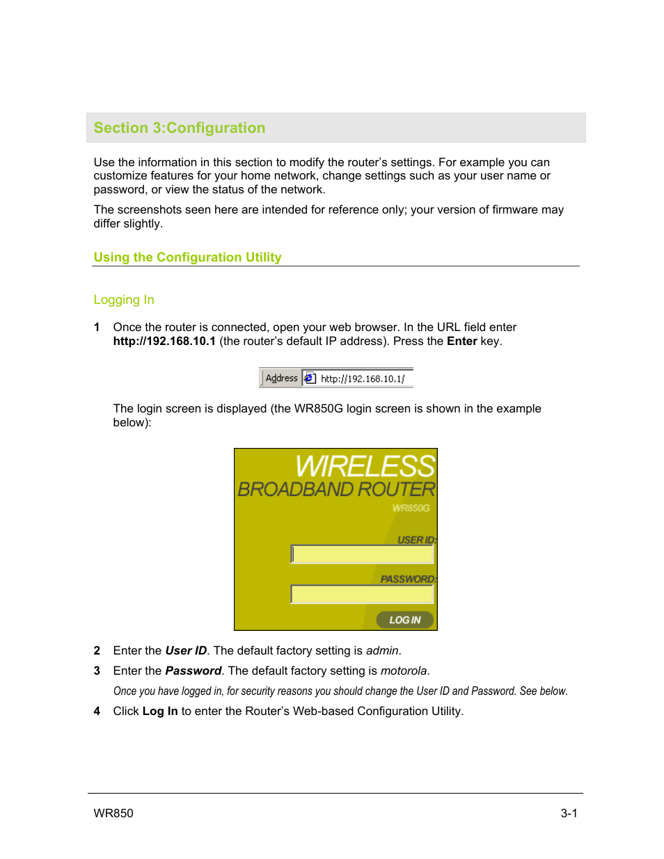 Section 3:configuration, Using the configuration utility, Logging in | Motorola WR850GP User Manual | Page 38 / 95