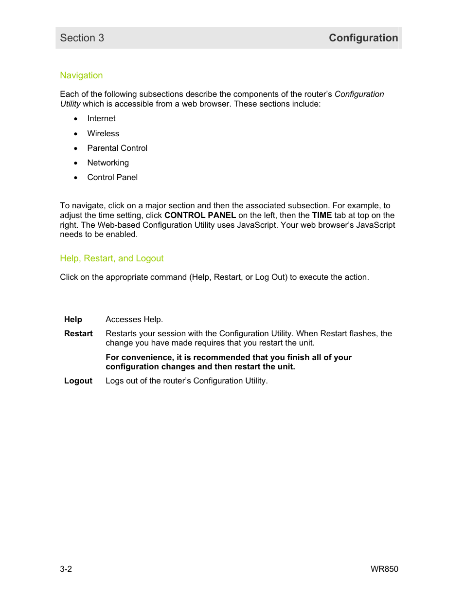 Navigation, Help, restart, and logout | Motorola WR850GP User Manual | Page 39 / 95