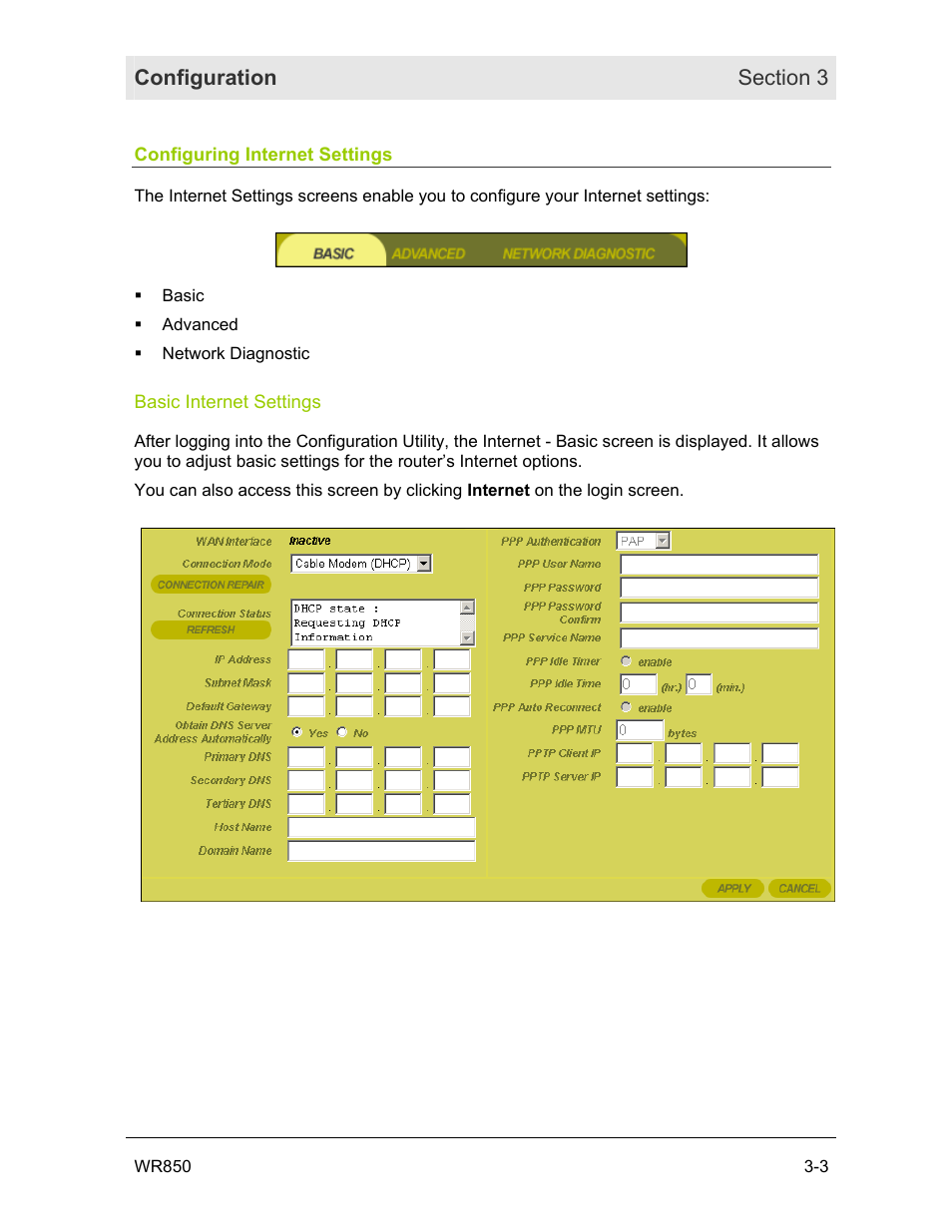 Configuring internet settings, Basic internet settings | Motorola WR850GP User Manual | Page 40 / 95