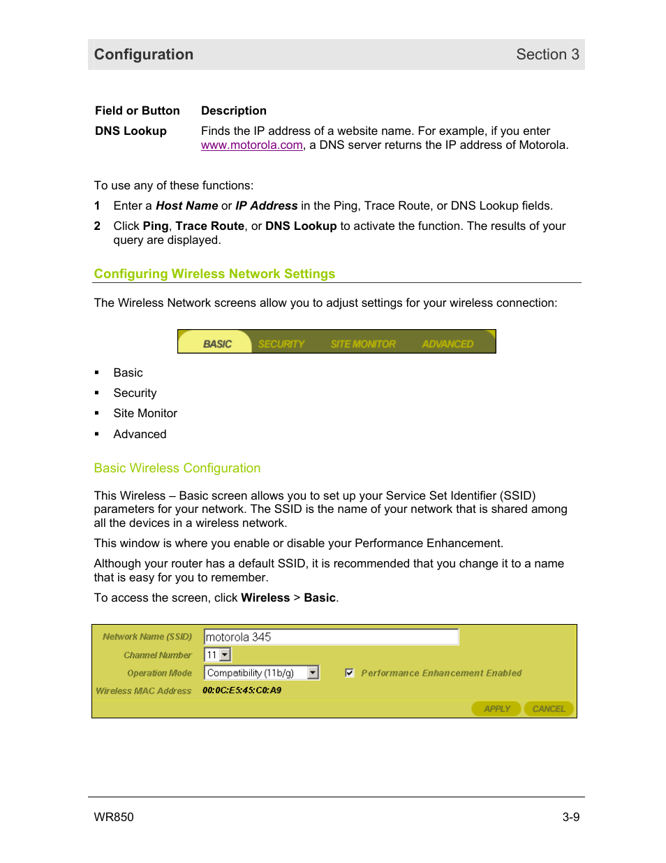 Configuring wireless network settings, Basic wireless configuration | Motorola WR850GP User Manual | Page 46 / 95
