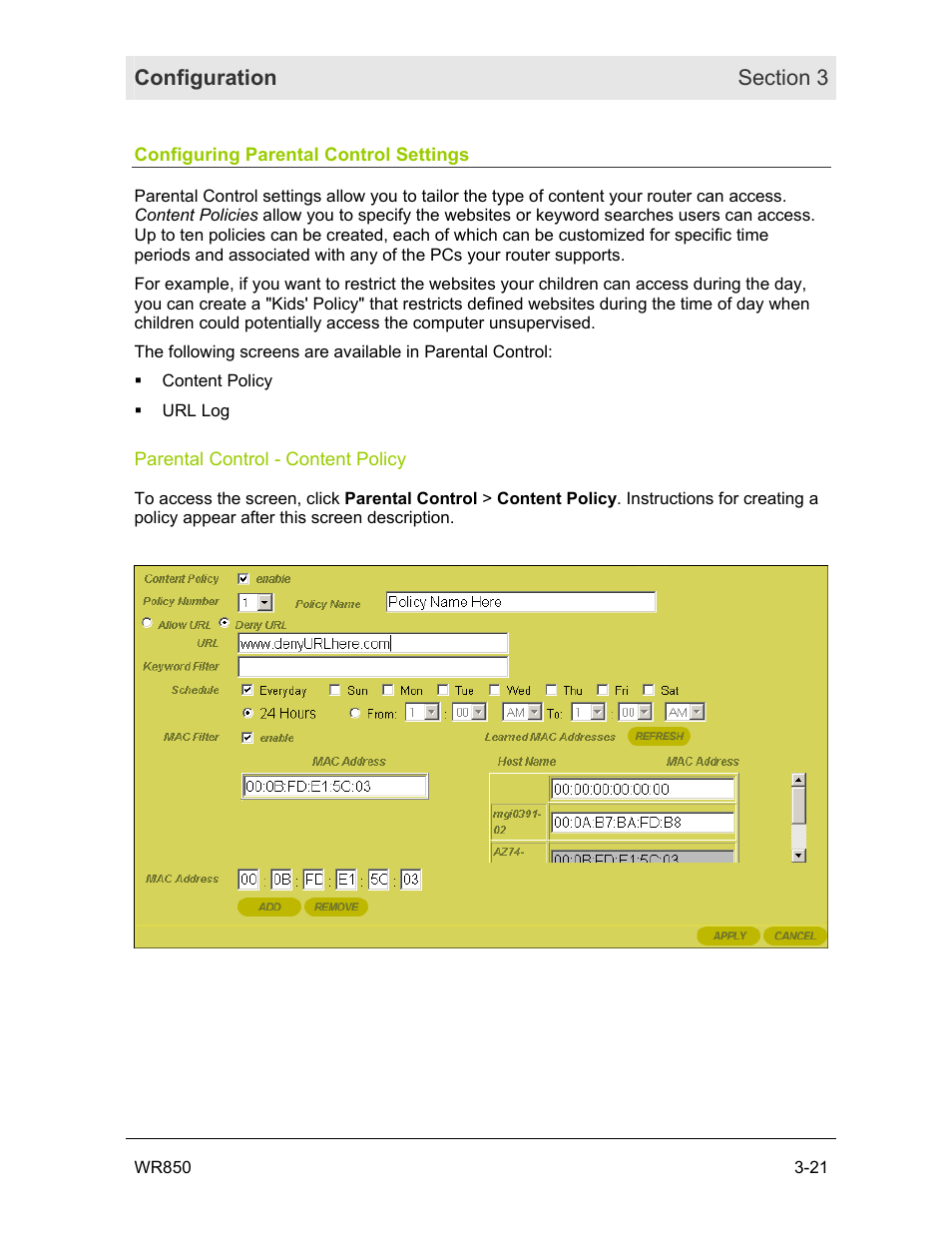 Configuring parental control settings, Parental control  content policy | Motorola WR850GP User Manual | Page 58 / 95