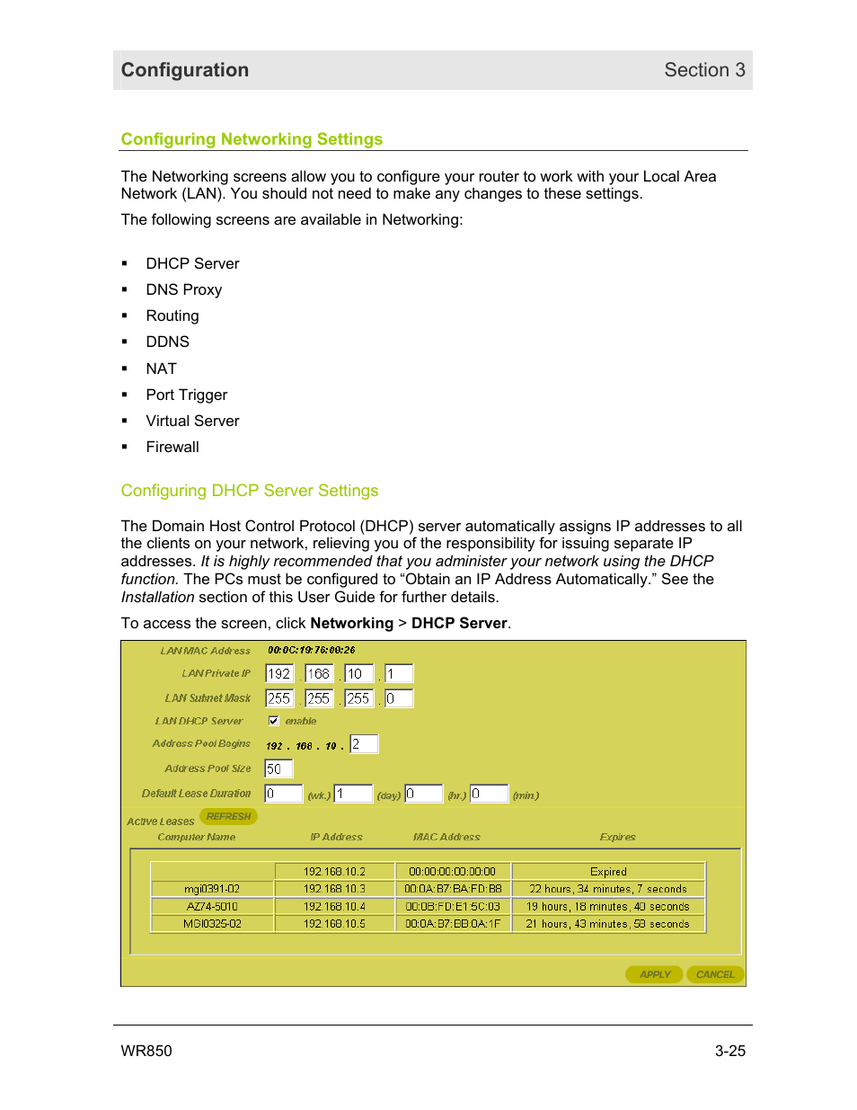 Configuring networking settings, Configuring dhcp server settings | Motorola WR850GP User Manual | Page 62 / 95