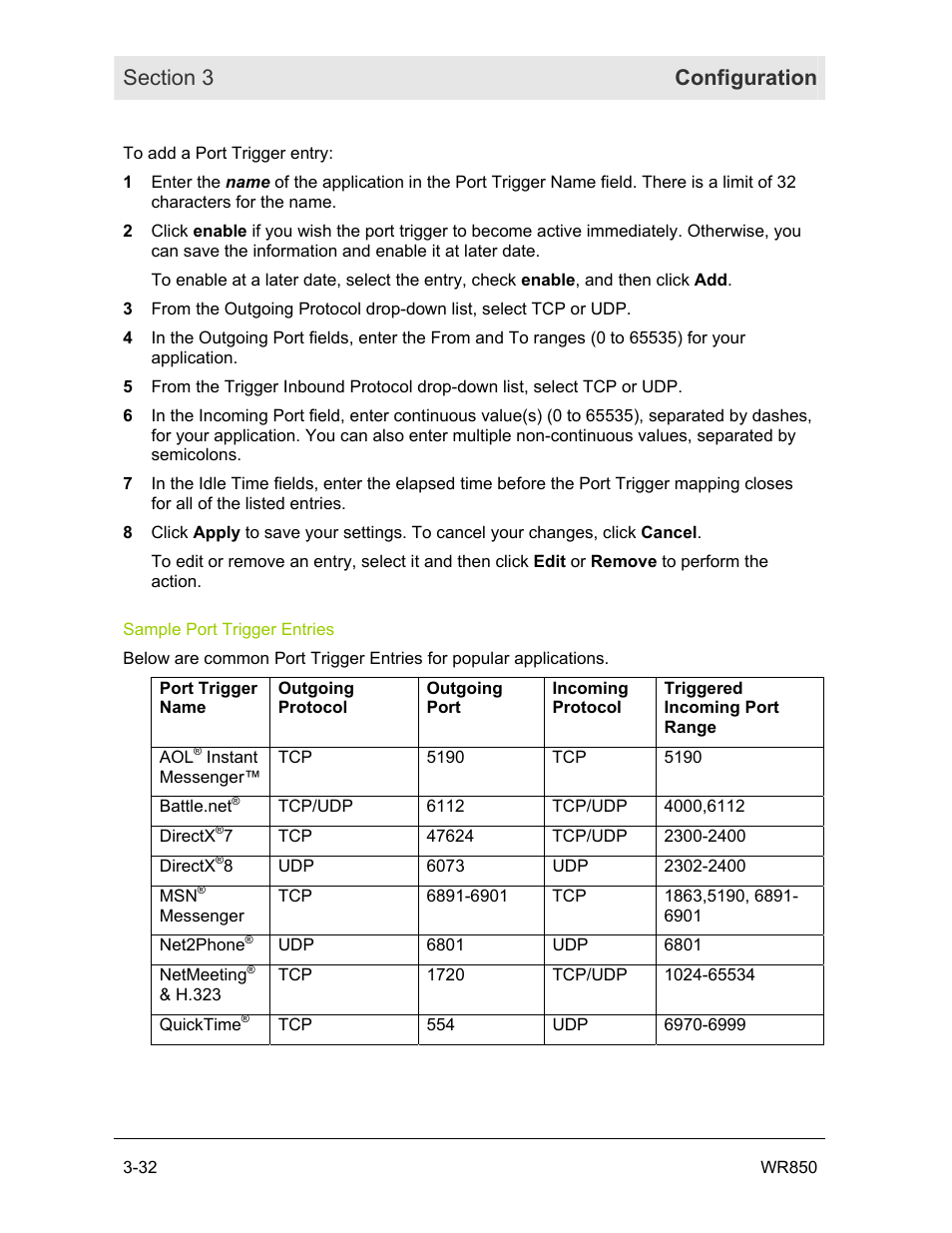 Sample port trigger entries | Motorola WR850GP User Manual | Page 69 / 95